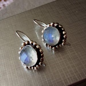 Handmade faceted moonstone, sterling drops. NEW!